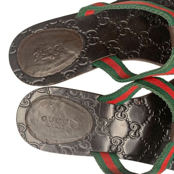 Gucci GG Web Stripe Thong Sandals EU 38.5 US 8.5 Brown Flip Flop Slide Flat Heel - Picture 11 of 13
